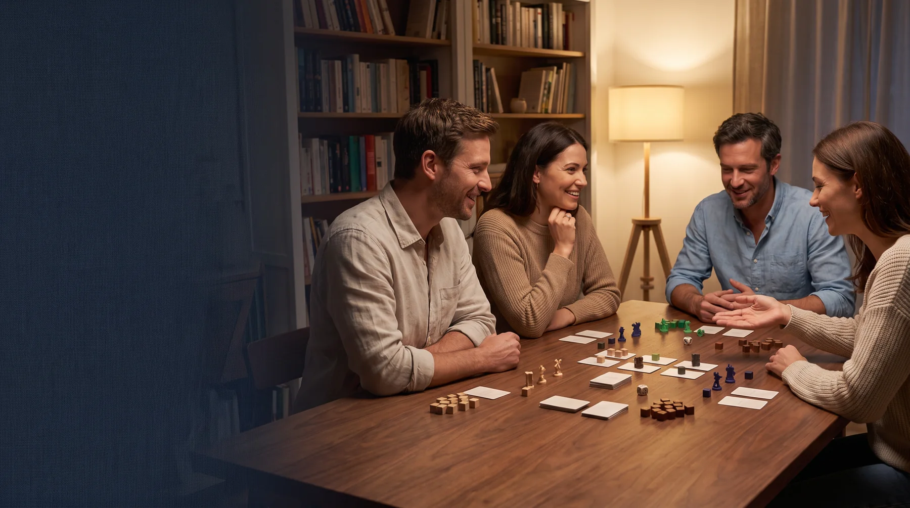 Friends gathered around a tabletop game at a wooden table