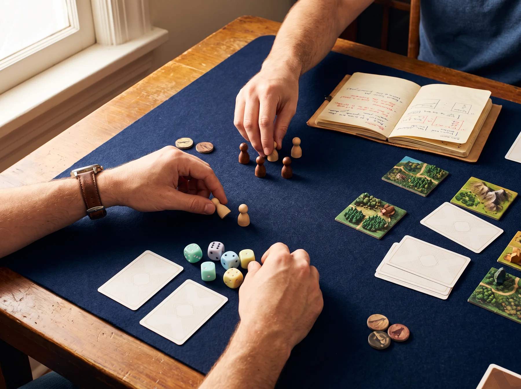 Hands arranging game pieces on a navy felt table