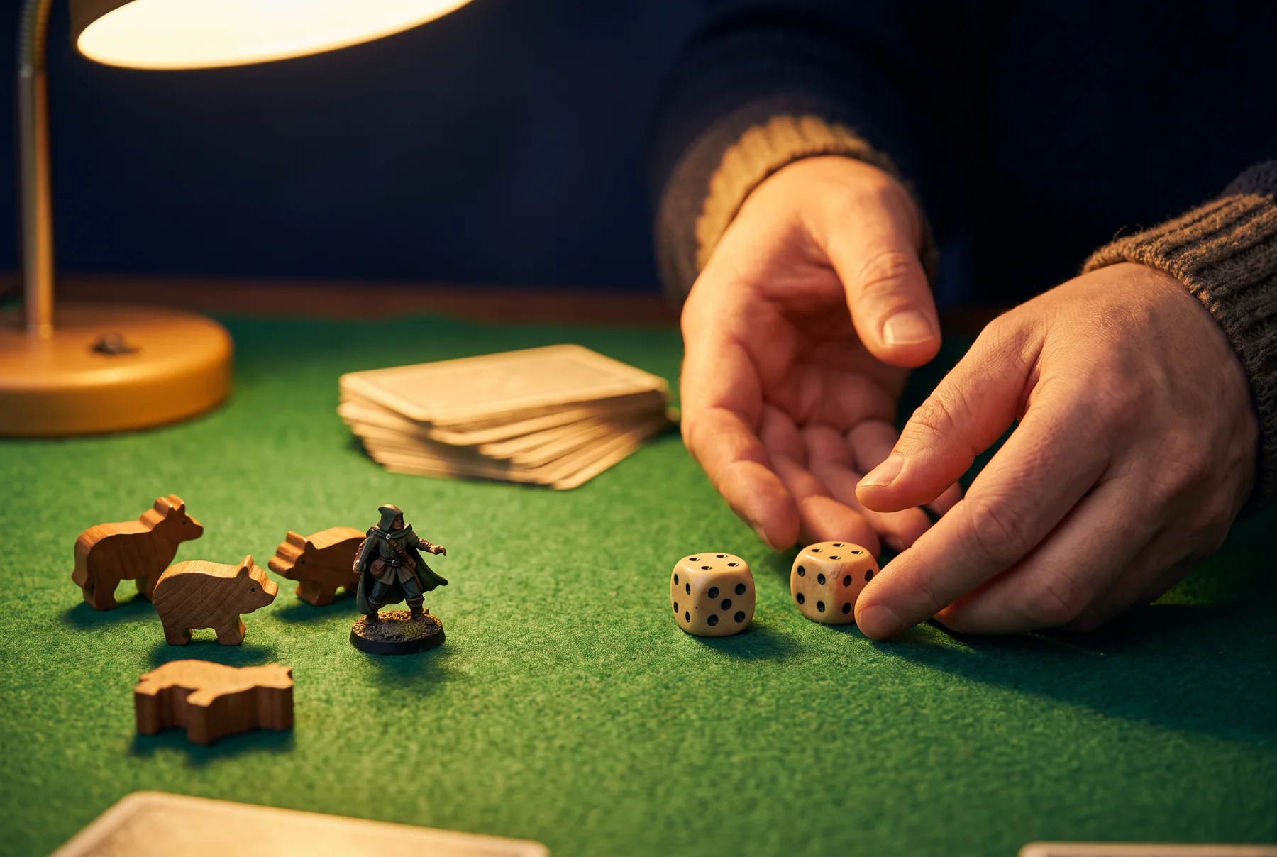 Hands rolling dice beside miniatures