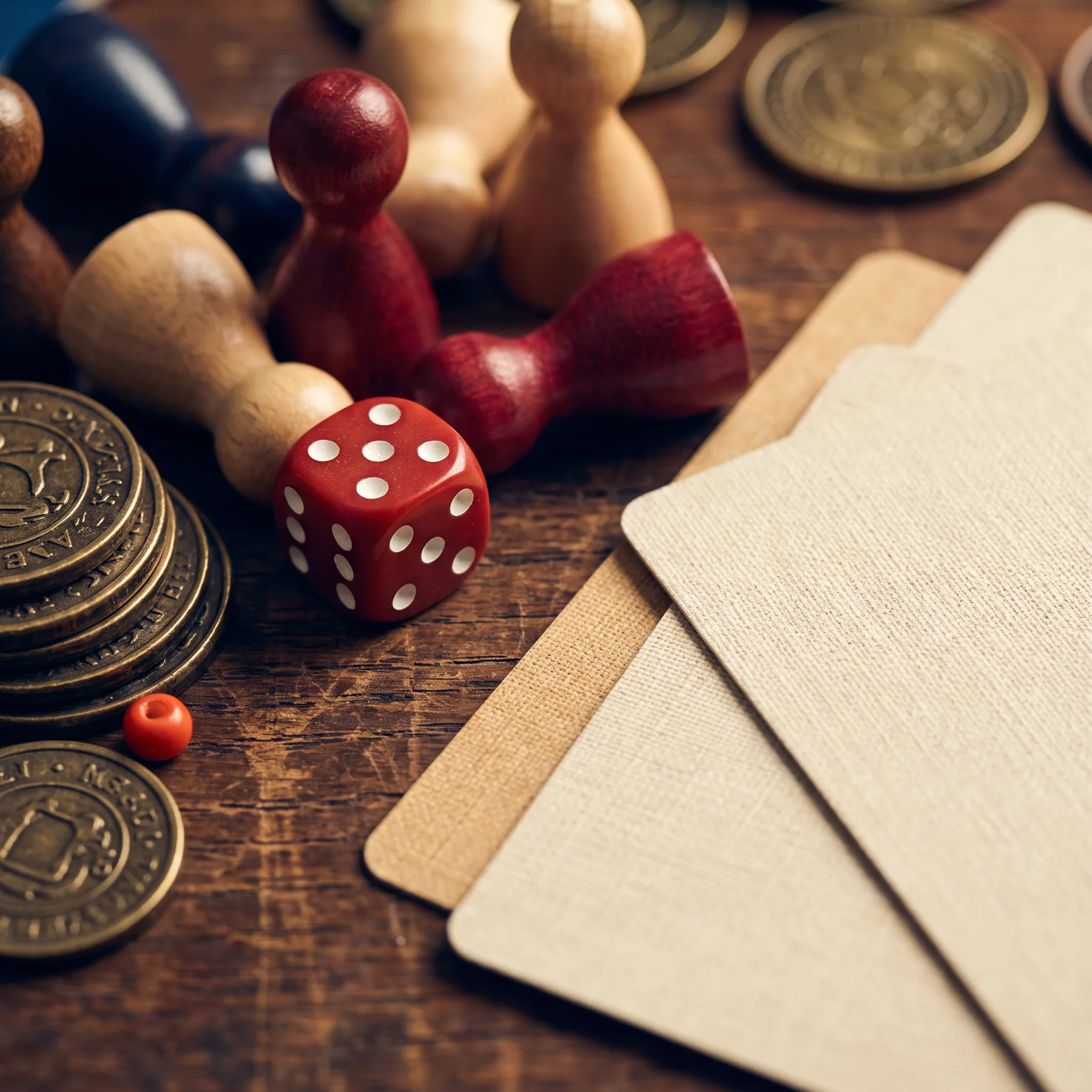 Wooden pawns, a red die, coin tokens, and blank cards