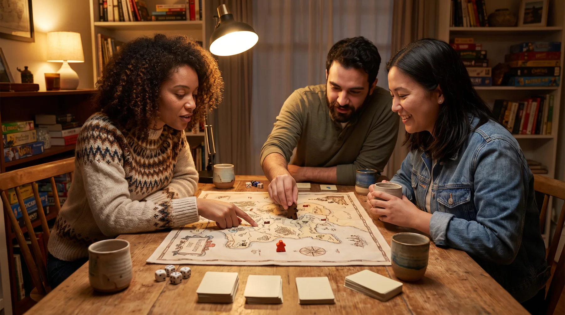 Three friends talking over a tabletop map