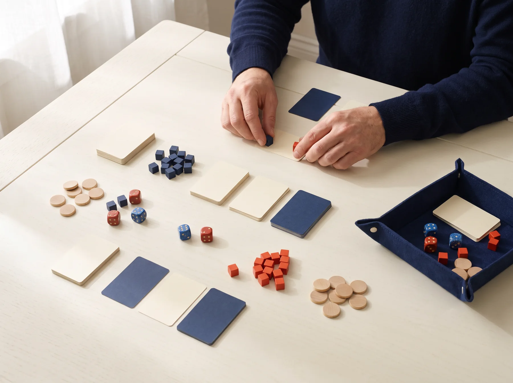 Hands arranging cubes and cards from above