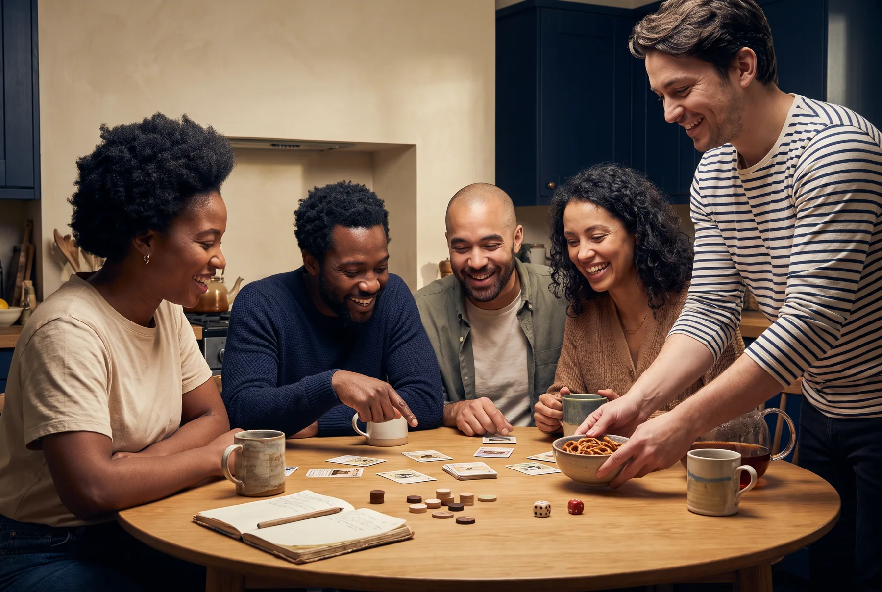 Friends enjoying a game around a round table
