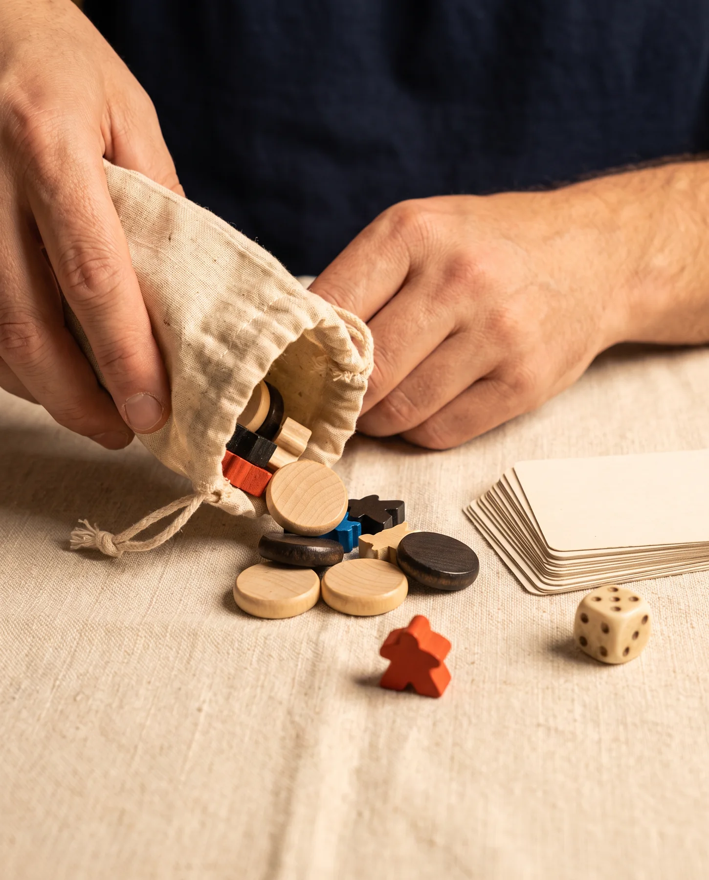 Hands drawing wooden game pieces from a cloth bag